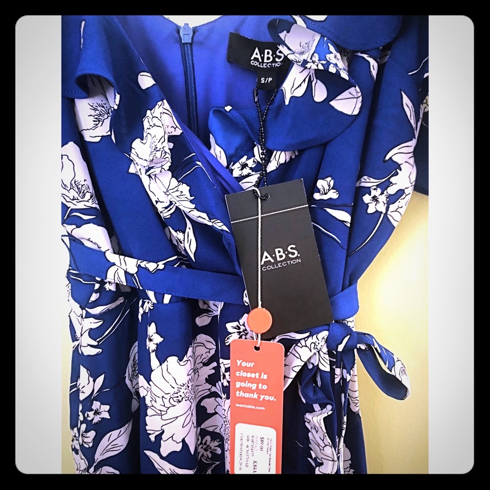 ABS blue and white floral hi lo dress